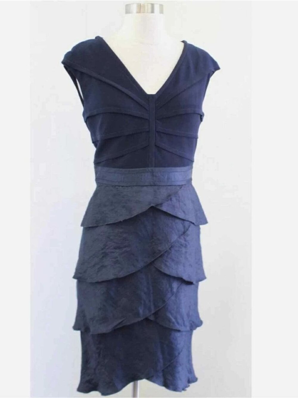 Adrianna Papell Navy Cascading Tiered Ruffle Sleeveless Cocktail Dress Size 12